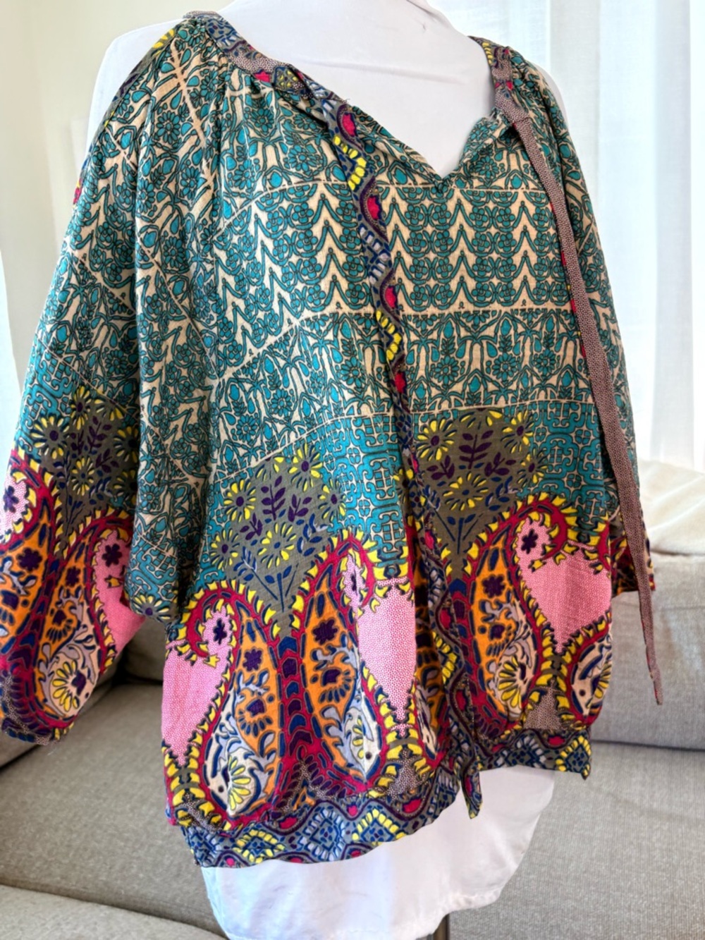 Umgee Green Pink Multicolor Paisley Peasant Top Cold Shoulder Balloon Sleeve XL - Picture 5 of 7